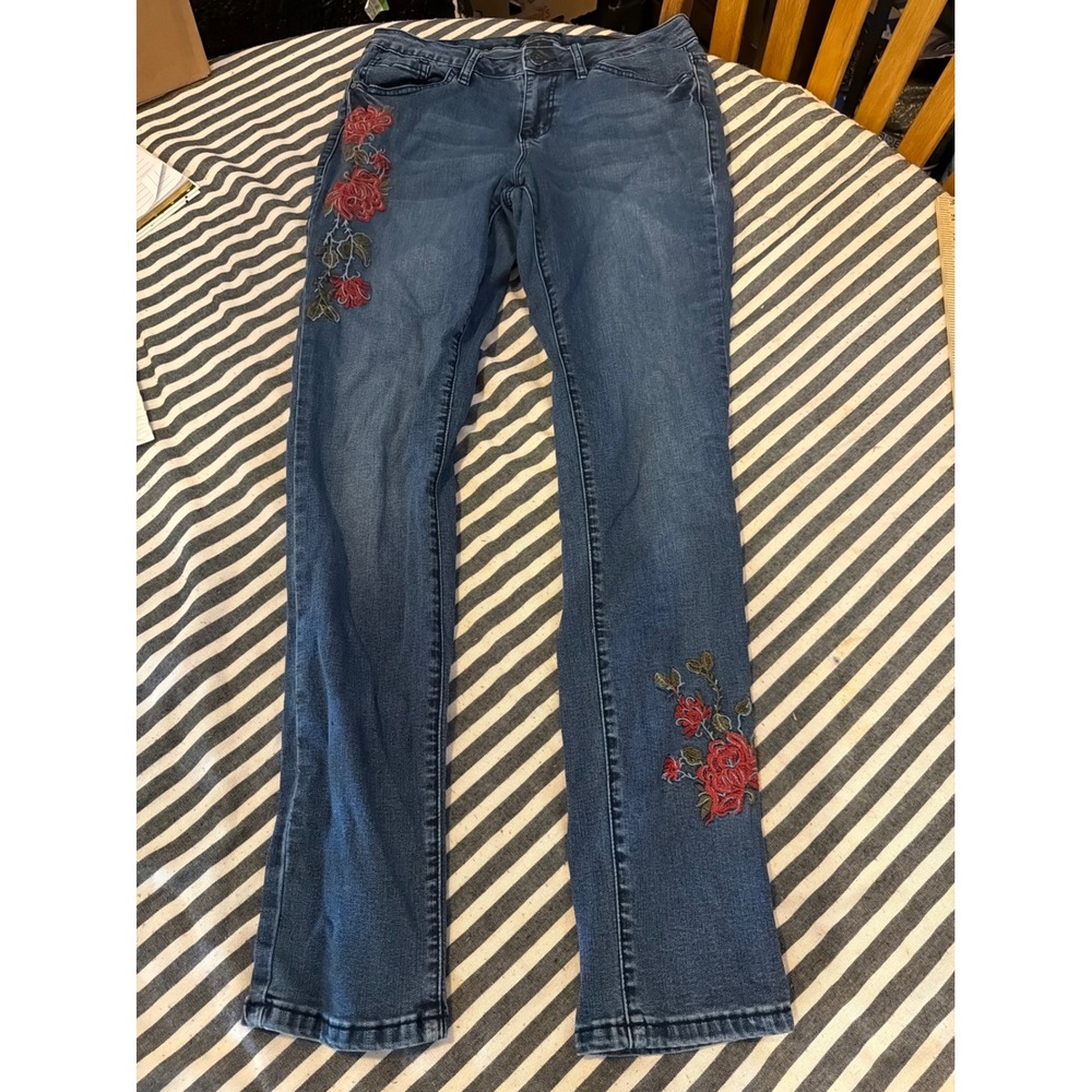 Earl Jeans Womens 10 Blue Denim Floral Rose Embroidered Ankle Cuff Slim Jeans